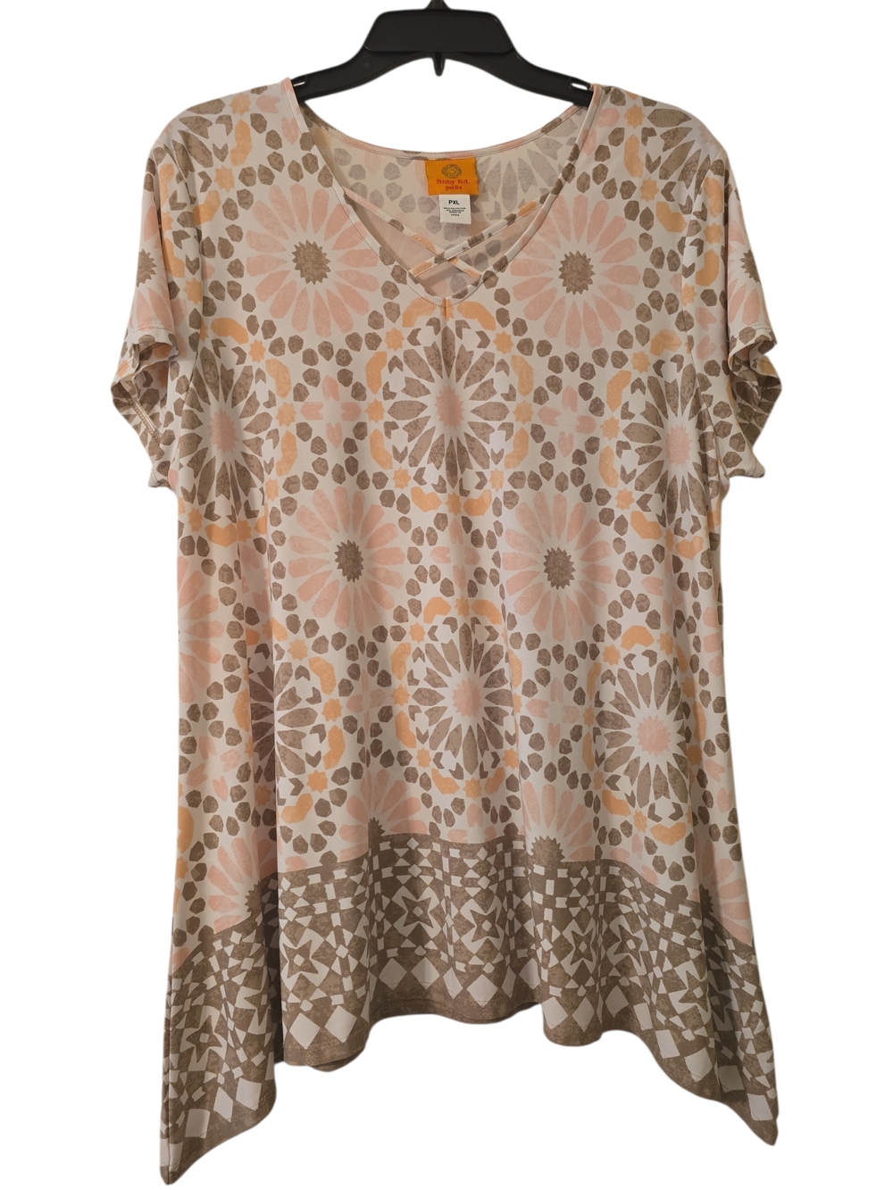 Ruby Rd. Short Sleeve V-Neck Tunic in Beige, Pink & Tan Floral PXL